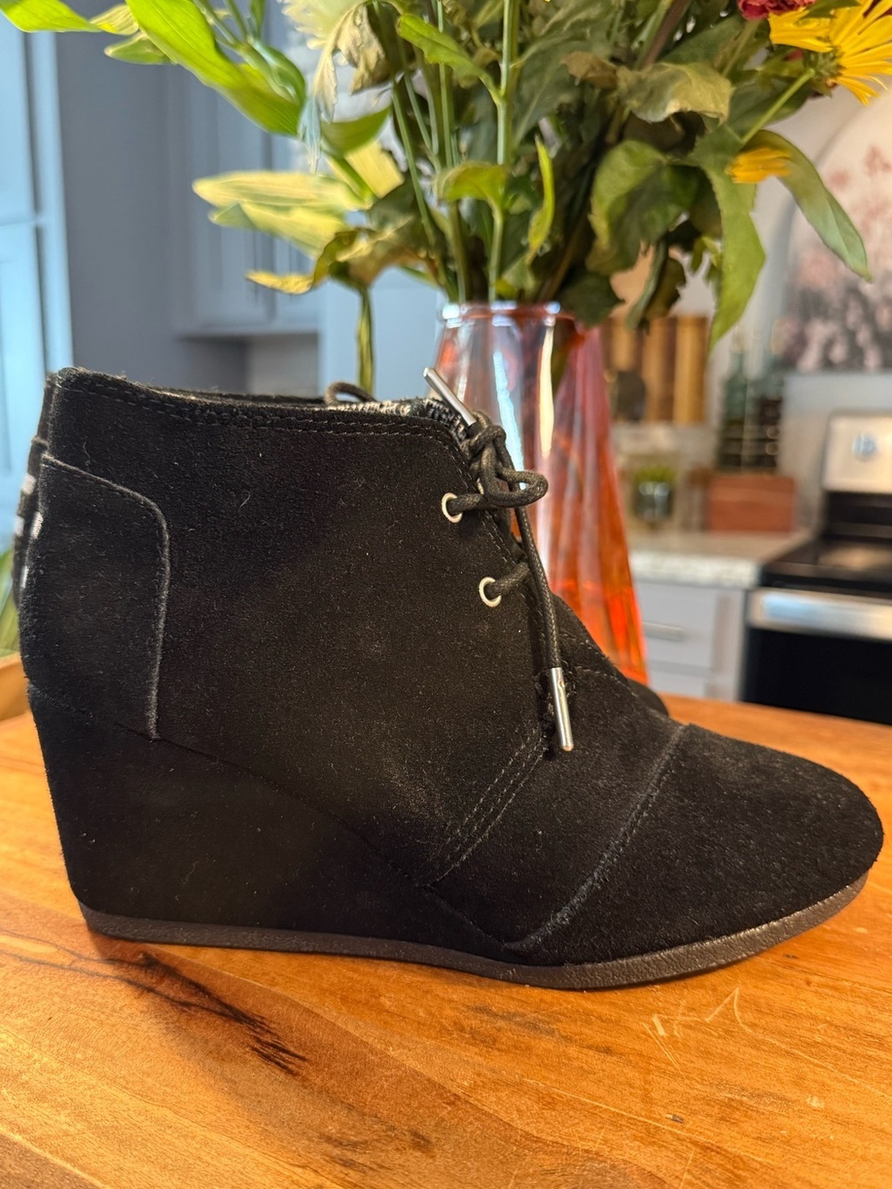 Toms Black Suede Lace-Up Wedge Ankle Booties